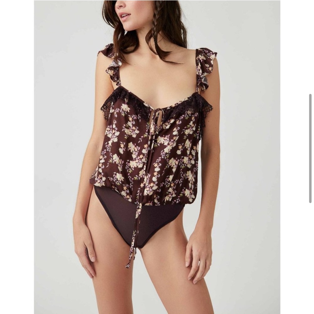 Free People Bodysuit Chocolate Merlot Floral  XS NWT